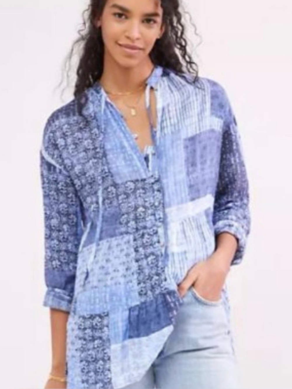 Anthropologie Pilcro Patchwork Tiered Tunic Blue Boho Flowy Blouse size 1X